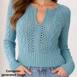 Tommy Hilfiger Baby Blue Cable Knit Short Fisherman Knit Sweater Long Sleeve M